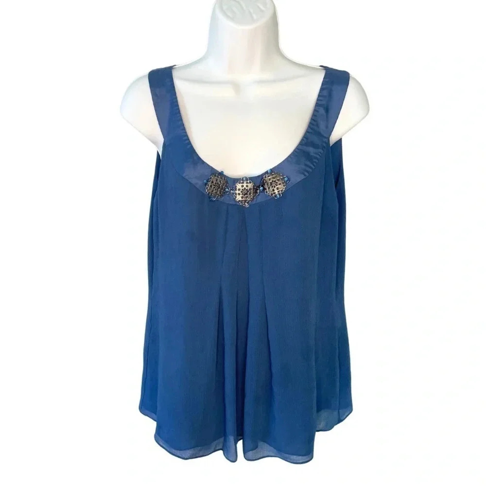 NINE WEST Women's Blue Cutout Top with Embellished Beaded Neckline - Size 8